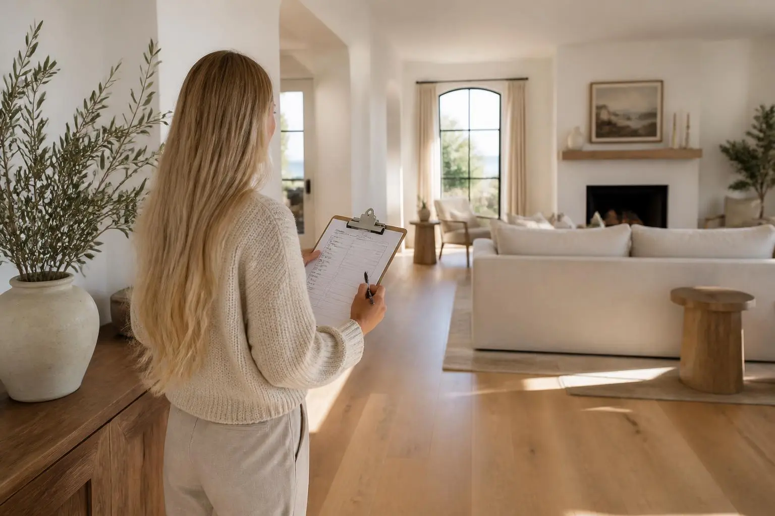 A walkthrough of a sunlit coastal home with an inspection checklist in hand